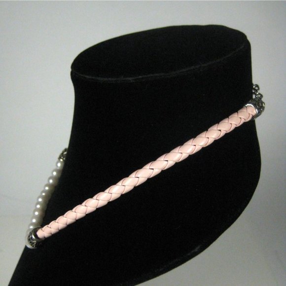 Imitation Pearl Beaded Necklace 17" Pink Braided Cord Silvertone Strand Jewelry - Picture 5 of 6